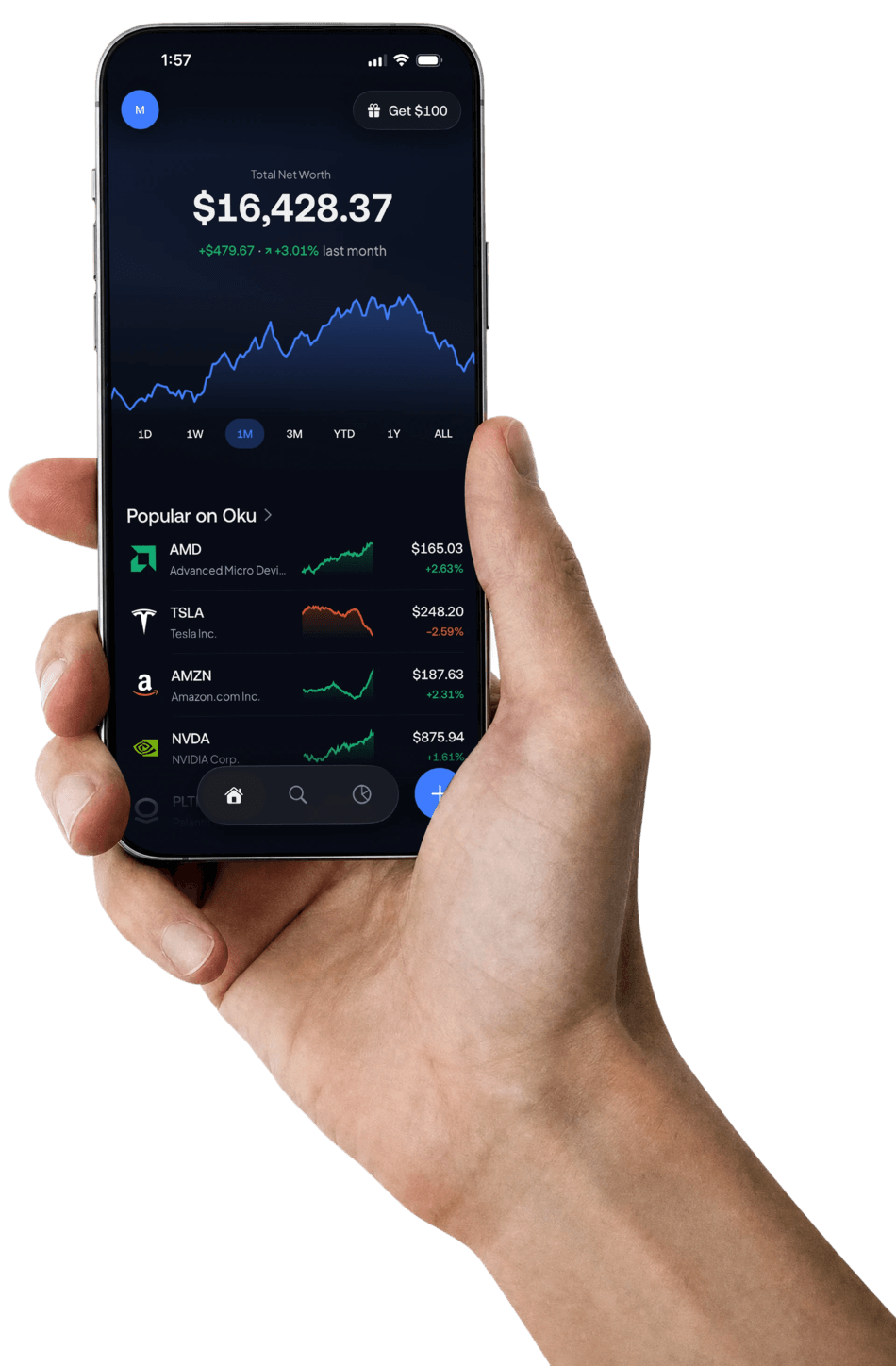 Hand holding the Oku mobile investing app